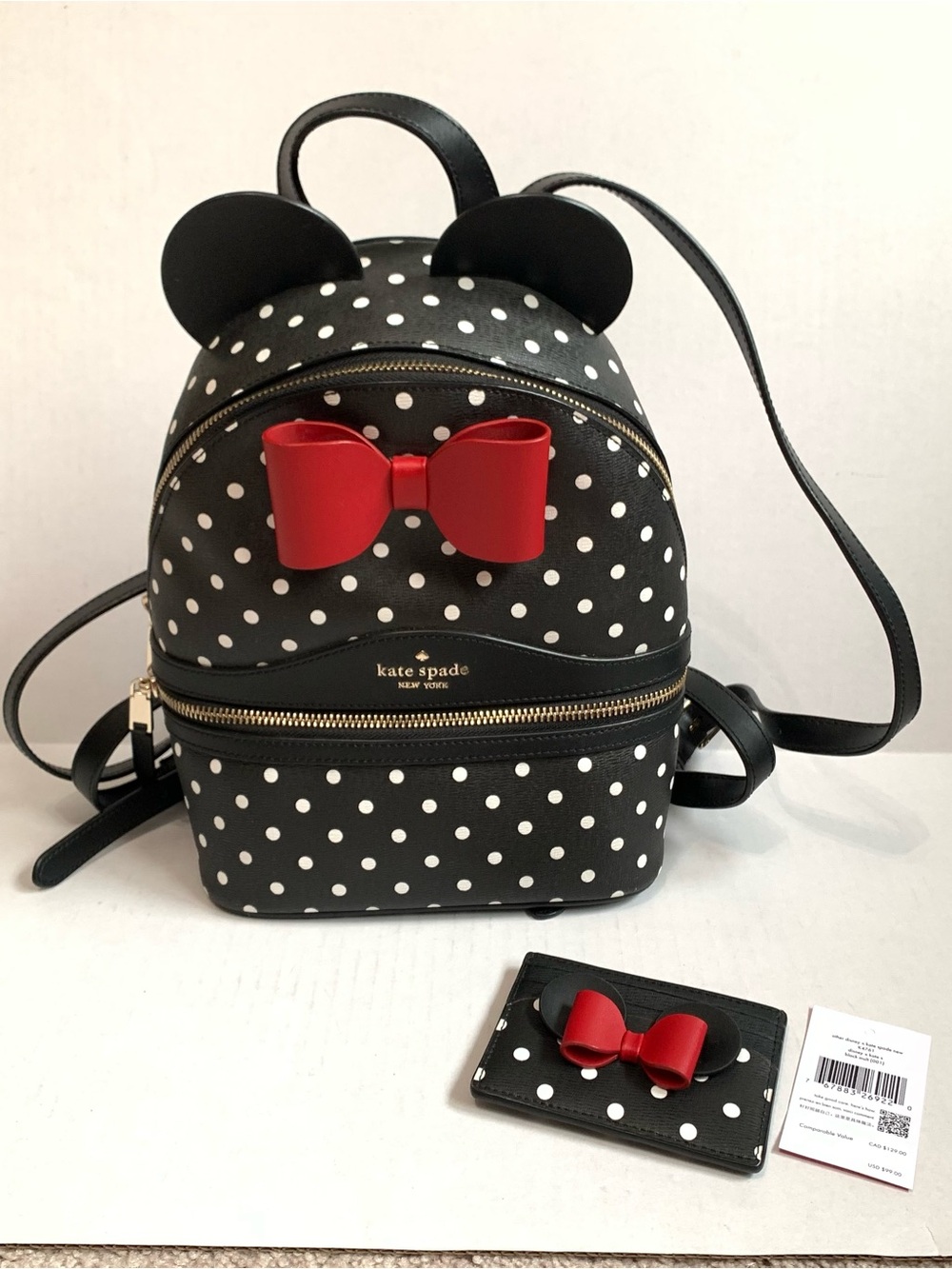 Kate Spade x Disney Minnie Mouse Polka Dot Mini Backpack Red Bow & Card Wallet